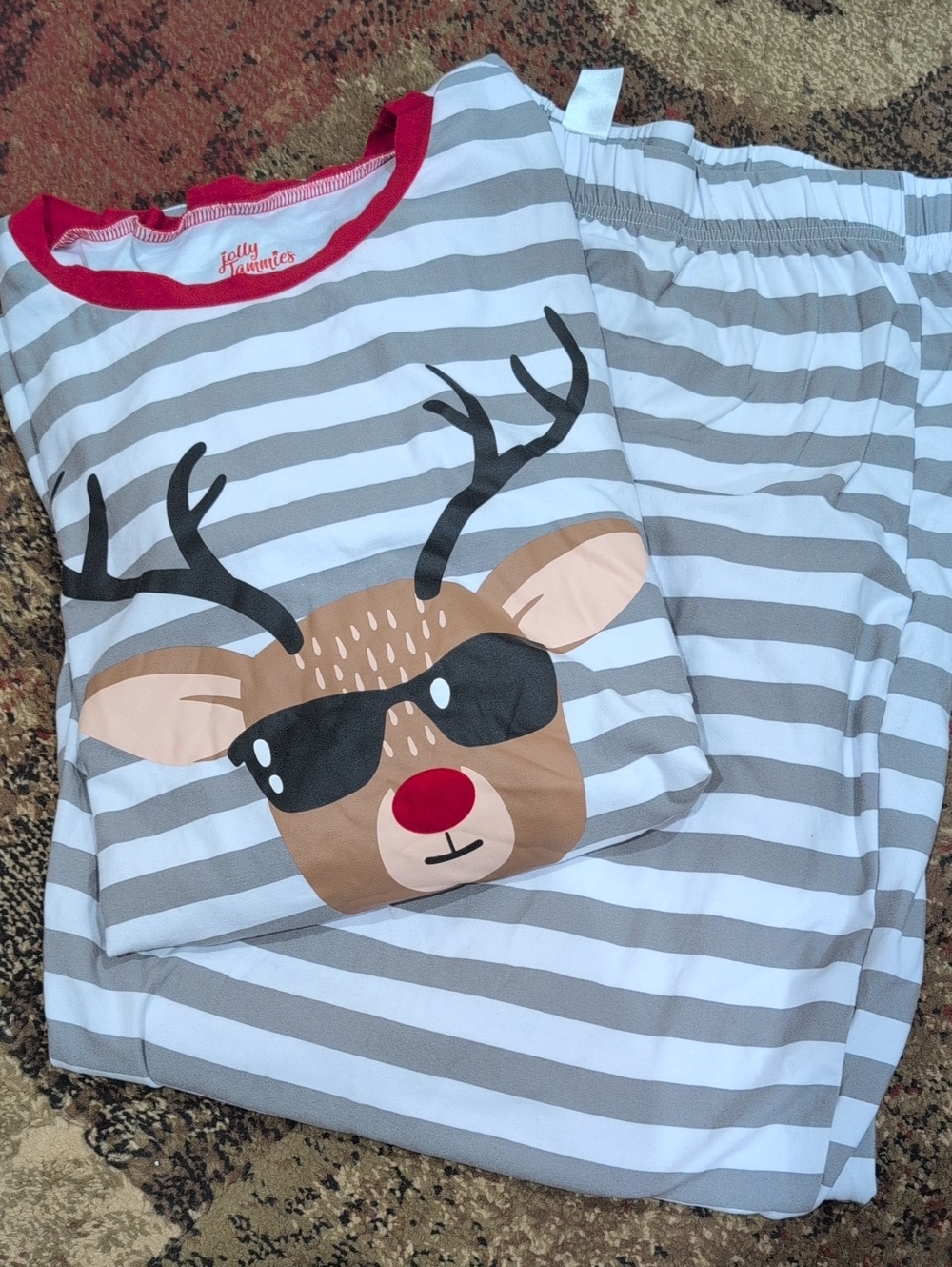 Jolly Jammies Grey & White Stripe Reindeer Pajama Set - Red Accent Size 2xl